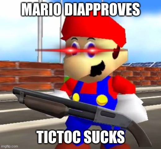 SMG4 Shotgun Mario | MARIO DIAPPROVES TICTOC SUCKS | image tagged in smg4 shotgun mario | made w/ Imgflip meme maker