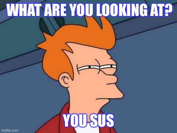 Futurama Fry Meme | WHAT ARE YOU LOOKING AT? YOU SUS | image tagged in memes,futurama fry | made w/ Imgflip meme maker
