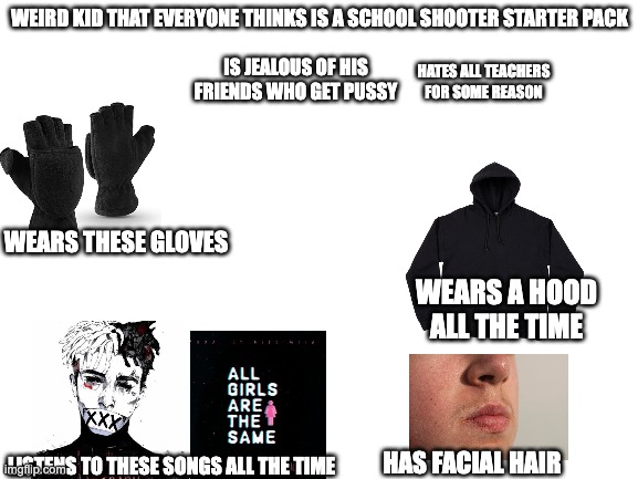 Blank White Template | WEIRD KID THAT EVERYONE THINKS IS A SCHOOL SHOOTER STARTER PACK; IS JEALOUS OF HIS FRIENDS WHO GET PUSSY; HATES ALL TEACHERS FOR SOME REASON; WEARS A HOOD ALL THE TIME; WEARS THESE GLOVES; HAS FACIAL HAIR; LISTENS TO THESE SONGS ALL THE TIME | image tagged in blank white template | made w/ Imgflip meme maker