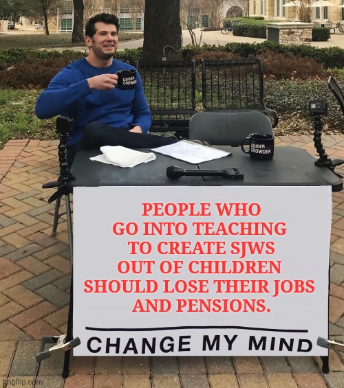Hey! Teachers! Leave them kids alone! | PEOPLE WHO GO INTO TEACHING 
TO CREATE SJWS OUT OF CHILDREN 
SHOULD LOSE THEIR JOBS 
AND PENSIONS. | image tagged in change my mind tilt-corrected,teachers,sjws,children,child abuse,memes | made w/ Imgflip meme maker