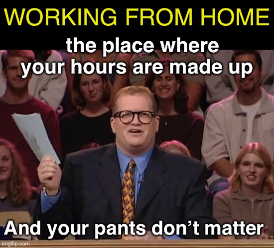 Telewwork | WORKING FROM HOME; the place where your hours are made up; And your pants don’t matter | image tagged in funny memes,working from home | made w/ Imgflip meme maker