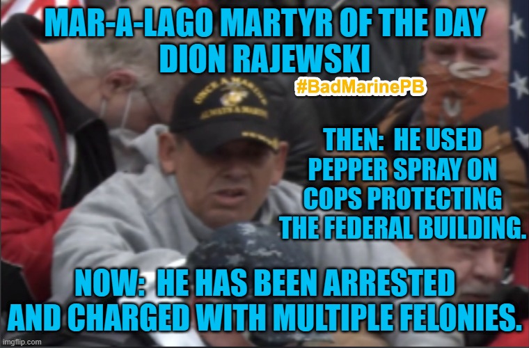 Another Marine Veteran who became an "Enemy Domestic" | MAR-A-LAGO MARTYR OF THE DAY
DION RAJEWSKI; THEN:  HE USED PEPPER SPRAY ON COPS PROTECTING THE FEDERAL BUILDING. NOW:  HE HAS BEEN ARRESTED AND CHARGED WITH MULTIPLE FELONIES. | image tagged in politics | made w/ Imgflip meme maker