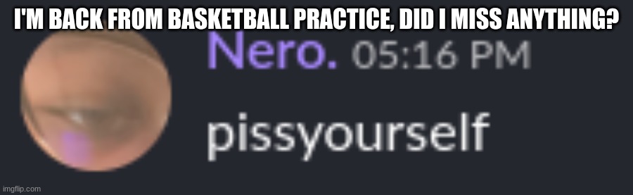 I'M BACK FROM BASKETBALL PRACTICE, DID I MISS ANYTHING? | image tagged in pissyourself | made w/ Imgflip meme maker