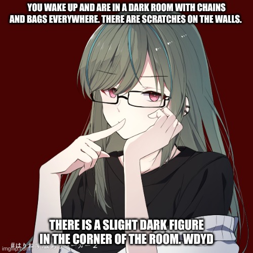 no military ocs no joke ocs. have fun with this. dont be boring. she'll kill you. | YOU WAKE UP AND ARE IN A DARK ROOM WITH CHAINS AND BAGS EVERYWHERE. THERE ARE SCRATCHES ON THE WALLS. THERE IS A SLIGHT DARK FIGURE IN THE CORNER OF THE ROOM. WDYD | made w/ Imgflip meme maker