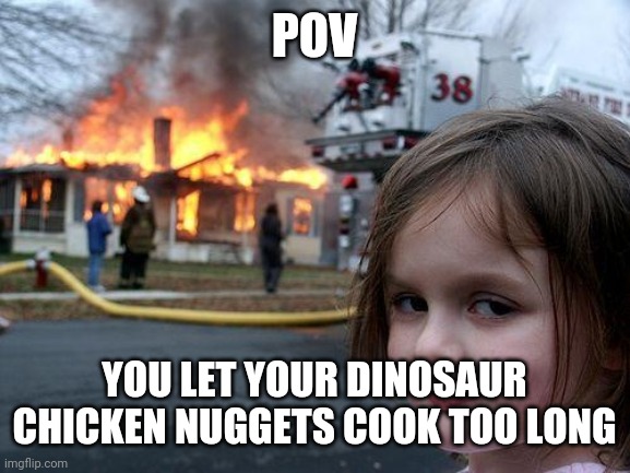 Oh no | POV; YOU LET YOUR DINOSAUR CHICKEN NUGGETS COOK TOO LONG | image tagged in memes,disaster girl,chicken nuggets | made w/ Imgflip meme maker