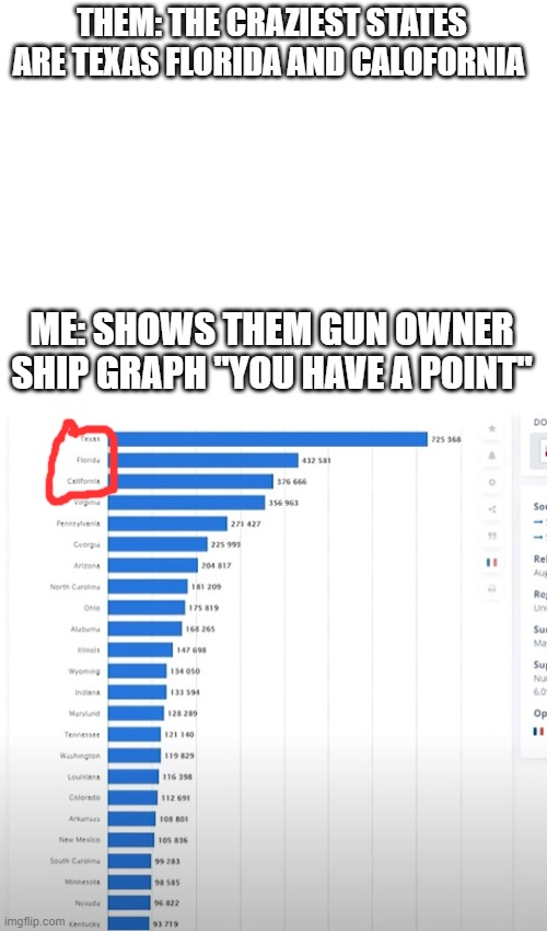 TExas | THEM: THE CRAZIEST STATES ARE TEXAS FLORIDA AND CALOFORNIA; ME: SHOWS THEM GUN OWNER SHIP GRAPH "YOU HAVE A POINT" | image tagged in blank white template | made w/ Imgflip meme maker