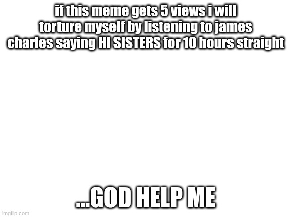 E | if this meme gets 5 views i will torture myself by listening to james charles saying HI SISTERS for 10 hours straight; ...GOD HELP ME | image tagged in blank white template | made w/ Imgflip meme maker