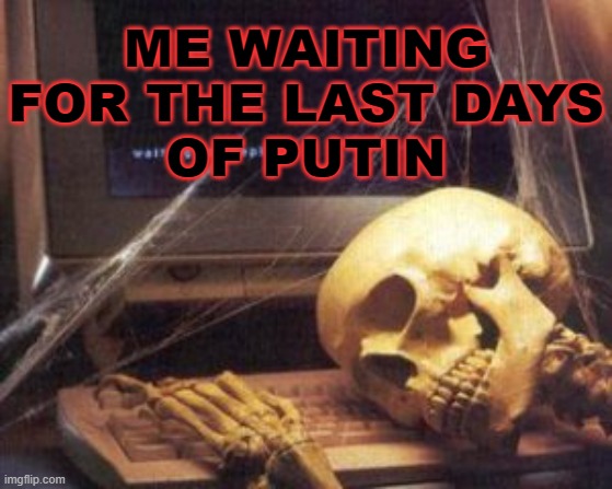 Me Waiting for the Last Days of Putin | ME WAITING
FOR THE LAST DAYS
OF PUTIN | image tagged in skeleton computer | made w/ Imgflip meme maker