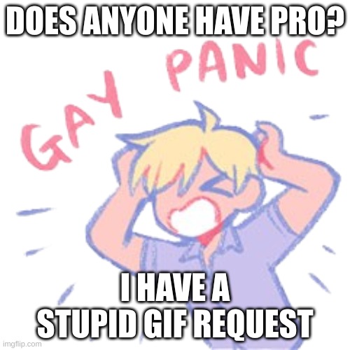 please? | DOES ANYONE HAVE PRO? I HAVE A STUPID GIF REQUEST | image tagged in gay panic | made w/ Imgflip meme maker