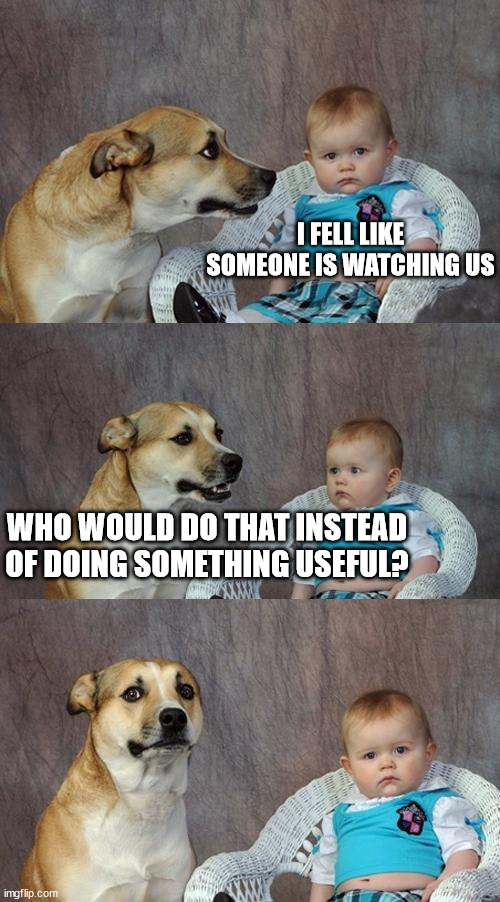 Dad Joke Dog | I FELL LIKE SOMEONE IS WATCHING US; WHO WOULD DO THAT INSTEAD OF DOING SOMETHING USEFUL? | image tagged in memes,dad joke dog | made w/ Imgflip meme maker