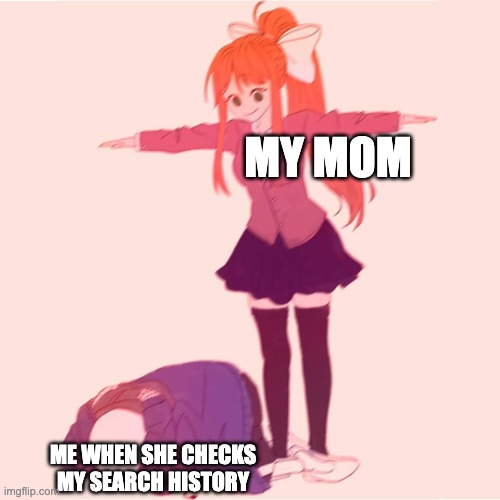 Monika t-posing on Sans |  MY MOM; ME WHEN SHE CHECKS MY SEARCH HISTORY | image tagged in monika t-posing on sans | made w/ Imgflip meme maker