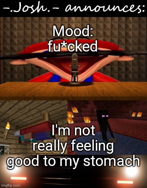 Nothing y'all did, not y'all's fault | Mood: fu*cked; I'm not really feeling good to my stomach | image tagged in josh's announcement temp by josh | made w/ Imgflip meme maker