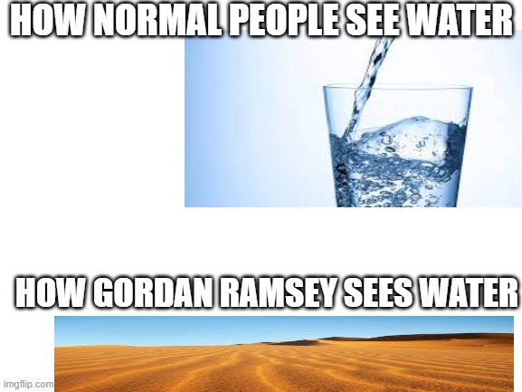 Blank White Template | HOW NORMAL PEOPLE SEE WATER; HOW GORDAN RAMSEY SEES WATER | image tagged in blank white template | made w/ Imgflip meme maker