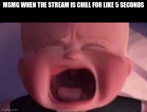 Might as well unban mariothememer bc y'all'd be busy going at HIM | MSMG WHEN THE STREAM IS CHILL FOR LIKE 5 SECONDS | image tagged in boss baby crying | made w/ Imgflip meme maker