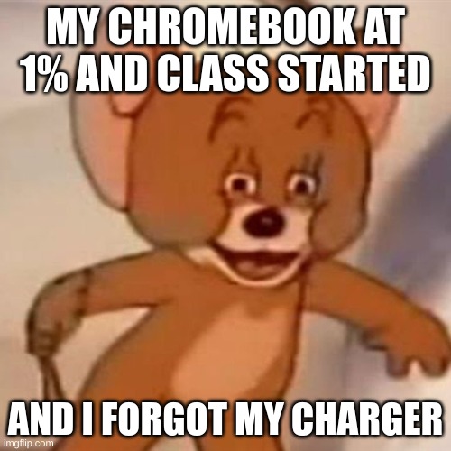 Polish Jerry | MY CHROMEBOOK AT 1% AND CLASS STARTED; AND I FORGOT MY CHARGER | image tagged in polish jerry,lol,memes,fun,school meme | made w/ Imgflip meme maker