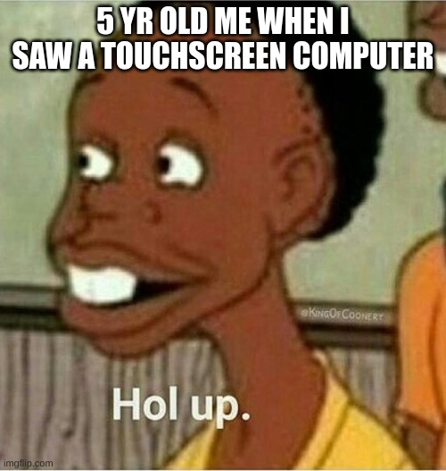 aren't we all confused | 5 YR OLD ME WHEN I SAW A TOUCHSCREEN COMPUTER | image tagged in hol up | made w/ Imgflip meme maker