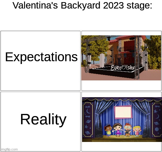 Because r/Eurovision wouldn't stop talking about Valentina Backyard, Here is my response: | Valentina's Backyard 2023 stage:; Expectations; Reality | image tagged in memes,blank comic panel 2x2,eurovision,san marino,disney,little einsteins | made w/ Imgflip meme maker