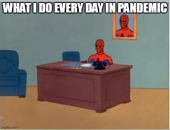 sit | WHAT I DO EVERY DAY IN PANDEMIC | image tagged in memes,spiderman computer desk,spiderman | made w/ Imgflip meme maker