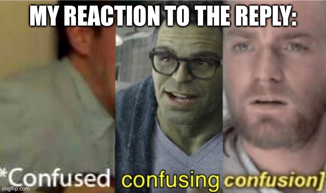 confused confusing confusion | MY REACTION TO THE REPLY: | image tagged in confused confusing confusion | made w/ Imgflip meme maker