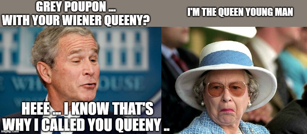 GREY POUPON? | GREY POUPON ... WITH YOUR WIENER QUEENY? I'M THE QUEEN YOUNG MAN; HEEE ... I KNOW THAT'S WHY I CALLED YOU QUEENY .. | image tagged in the queen | made w/ Imgflip meme maker