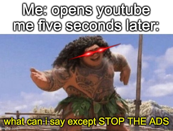 no title found | Me: opens youtube
me five seconds later:; what can i say except STOP THE ADS | image tagged in what can i say except x | made w/ Imgflip meme maker