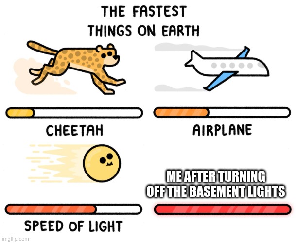 Fastest thing on earth | ME AFTER TURNING OFF THE BASEMENT LIGHTS | image tagged in fastest thing on earth | made w/ Imgflip meme maker