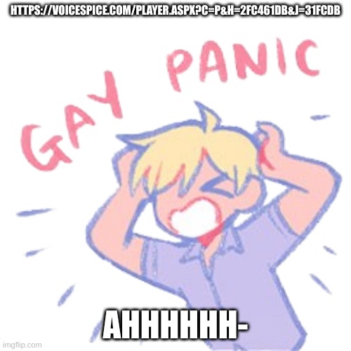 https://voicespice.com/Player.aspx?c=p&h=2FC461DB&j=31FCDB | HTTPS://VOICESPICE.COM/PLAYER.ASPX?C=P&H=2FC461DB&J=31FCDB; AHHHHHH- | image tagged in gay panic | made w/ Imgflip meme maker