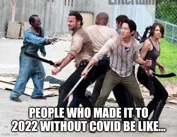 Walking Dead 2022 COVID | PEOPLE WHO MADE IT TO 2022 WITHOUT COVID BE LIKE... | image tagged in coronavirus,covid-19,covid,covid 19,the walking dead,walking dead | made w/ Imgflip meme maker