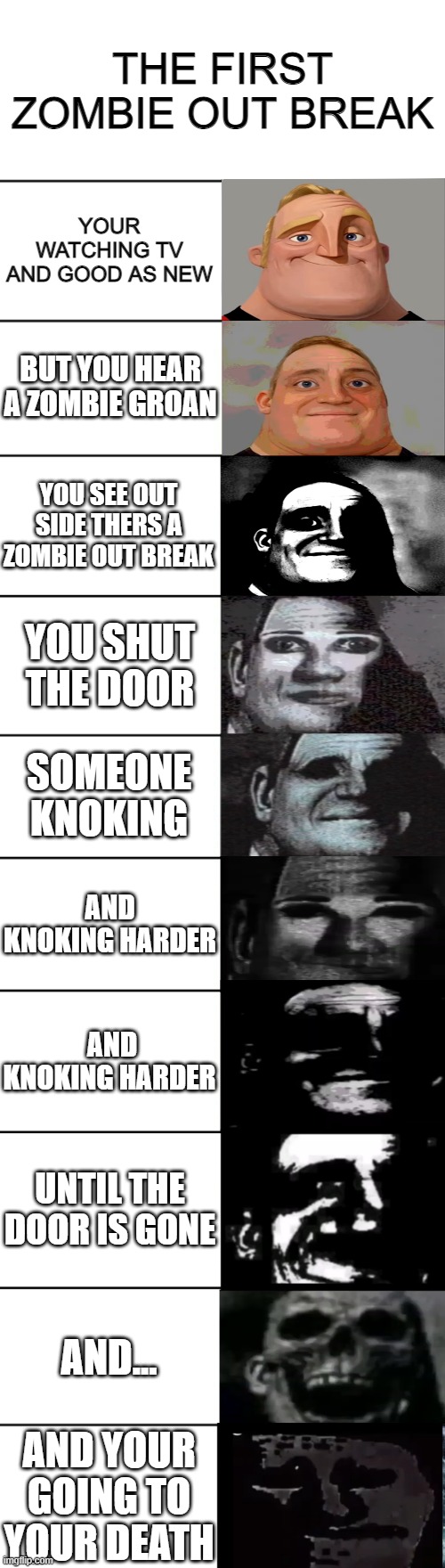 the first zombie out break | THE FIRST ZOMBIE OUT BREAK; YOUR WATCHING TV AND GOOD AS NEW; BUT YOU HEAR A ZOMBIE GROAN; YOU SEE OUT SIDE THERS A ZOMBIE OUT BREAK; YOU SHUT THE DOOR; SOMEONE KNOKING; AND KNOKING HARDER; AND KNOKING HARDER; UNTIL THE DOOR IS GONE; AND... AND YOUR GOING TO YOUR DEATH | image tagged in mr incredible becoming uncanny,not funny | made w/ Imgflip meme maker