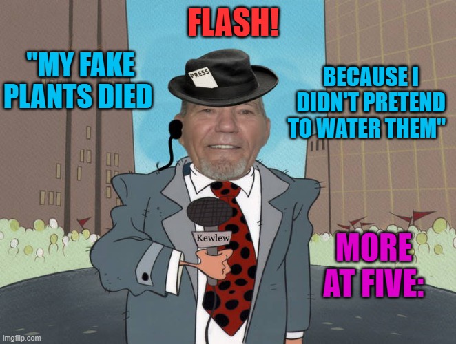 lews news | FLASH! "MY FAKE PLANTS DIED; BECAUSE I DIDN'T PRETEND TO WATER THEM"; MORE AT FIVE: | image tagged in kewlew news,kewlew | made w/ Imgflip meme maker