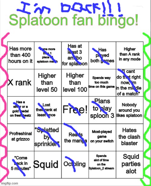 I'm back | image tagged in splatoon bingo | made w/ Imgflip meme maker