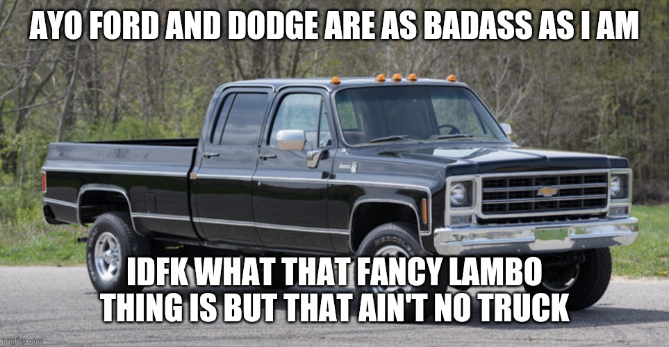 No tesla cybertruck allowed on real truck's territory | AYO FORD AND DODGE ARE AS BADASS AS I AM; IDFK WHAT THAT FANCY LAMBO THING IS BUT THAT AIN'T NO TRUCK | image tagged in chevy squarebody | made w/ Imgflip meme maker