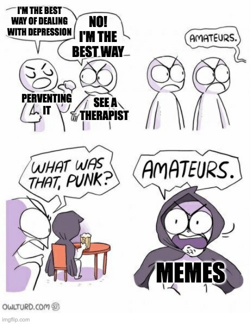 Amateurs | I'M THE BEST WAY OF DEALING WITH DEPRESSION; NO! I'M THE BEST WAY; PERVENTING IT; SEE A THERAPIST; MEMES | image tagged in amateurs | made w/ Imgflip meme maker