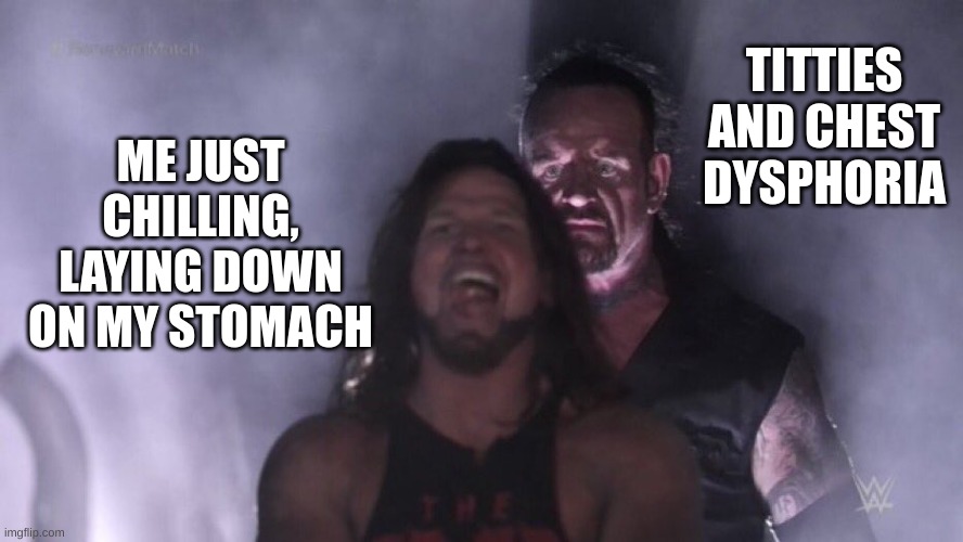 im too scared to ask for a binderrr | TITTIES AND CHEST DYSPHORIA; ME JUST CHILLING, LAYING DOWN ON MY STOMACH | image tagged in aj styles undertaker | made w/ Imgflip meme maker
