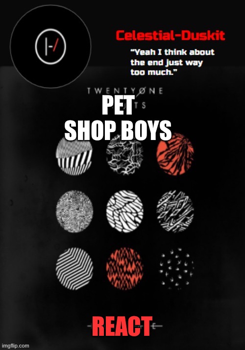 Duskit’s Blurryface temp ty goku | PET SHOP BOYS; REACT | image tagged in duskit s blurryface temp ty goku | made w/ Imgflip meme maker