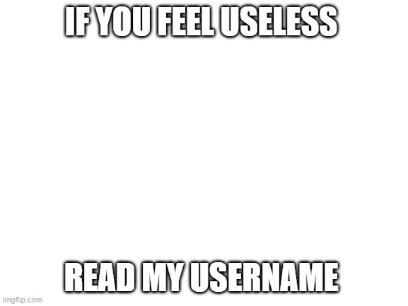 I'm MrUselessFailure (irl too) |  IF YOU FEEL USELESS; READ MY USERNAME | image tagged in blank white template | made w/ Imgflip meme maker