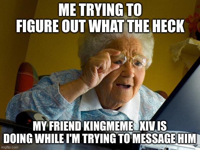 What the heck are you doing now Kingmeme_XIV | ME TRYING TO FIGURE OUT WHAT THE HECK; MY FRIEND KINGMEME_XIV IS DOING WHILE I'M TRYING TO MESSAGE HIM | image tagged in memes,grandma finds the internet | made w/ Imgflip meme maker
