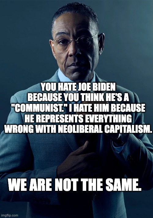YOU HATE JOE BIDEN BECAUSE YOU THINK HE'S A "COMMUNIST." I HATE HIM BECAUSE HE REPRESENTS EVERYTHING WRONG WITH NEOLIBERAL CAPITALISM. WE AR | image tagged in we are not the same | made w/ Imgflip meme maker