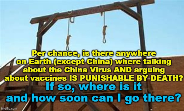 China Virus Free Zone | Yarra Man; Per chance, is there anywhere on Earth (except China) where talking about the China Virus AND arguing about vaccines IS PUNISHABLE BY DEATH? If so, where is it and how soon can I go there? | image tagged in china virus,covid 19,pandemic | made w/ Imgflip meme maker