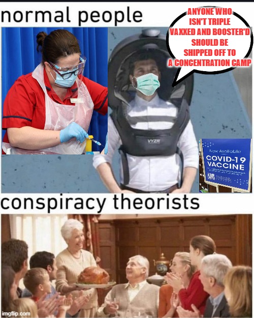 Normal people vs conspiracy theorists 2022 | ANYONE WHO ISN'T TRIPLE VAXXED AND BOOSTER'D SHOULD BE SHIPPED OFF TO A CONCENTRATION CAMP | image tagged in conspiracy theory,triple boosted,ship em off to the camps | made w/ Imgflip meme maker