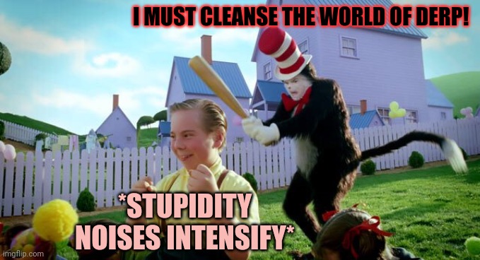 The cat and the bat | I MUST CLEANSE THE WORLD OF DERP! *STUPIDITY NOISES INTENSIFY* | image tagged in cat the hat,bat,murder,but why why would you do that | made w/ Imgflip meme maker