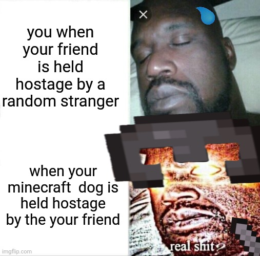 hack, dupe, gears, kill, banned | you when your friend is held hostage by a random stranger; when your minecraft  dog is held hostage by the your friend | image tagged in memes,sleeping shaq | made w/ Imgflip meme maker
