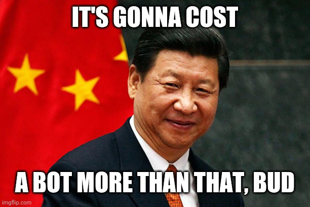 Xi Jinping | IT'S GONNA COST A BOT MORE THAN THAT, BUD | image tagged in xi jinping | made w/ Imgflip meme maker