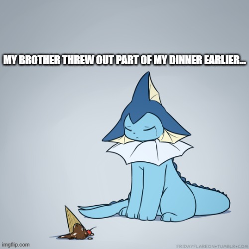 :( | MY BROTHER THREW OUT PART OF MY DINNER EARLIER... | image tagged in vaporeon | made w/ Imgflip meme maker