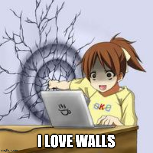 Anime wall punch | I LOVE WALLS | image tagged in anime wall punch | made w/ Imgflip meme maker