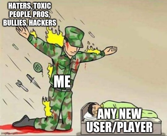 true story | HATERS, TOXIC PEOPLE, PROS, BULLIES, HACKERS; ME; ANY NEW USER/PLAYER | image tagged in soldier protecting sleeping child | made w/ Imgflip meme maker