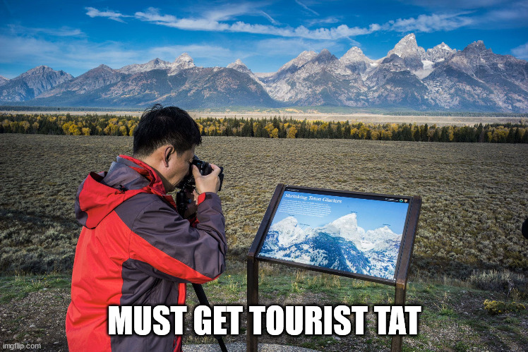 Tourist taking picture of picture | MUST GET TOURIST TAT | image tagged in tourist taking picture of picture | made w/ Imgflip meme maker