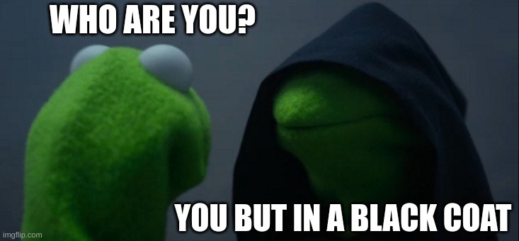 Evil Kermit | WHO ARE YOU? YOU BUT IN A BLACK COAT | image tagged in memes,evil kermit | made w/ Imgflip meme maker