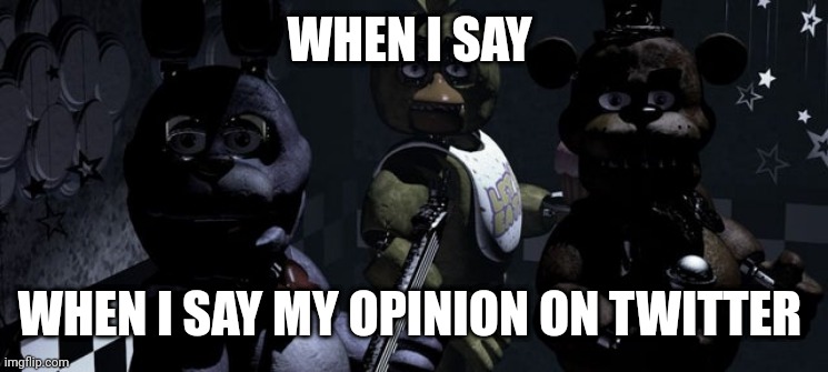 ? | WHEN I SAY; WHEN I SAY MY OPINION ON TWITTER | image tagged in fnaf 1 animatronics | made w/ Imgflip meme maker