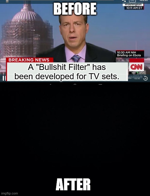 The CNN Filter | BEFORE; A "Bullshit Filter" has been developed for TV sets. AFTER | image tagged in cnn breaking news template,black background | made w/ Imgflip meme maker